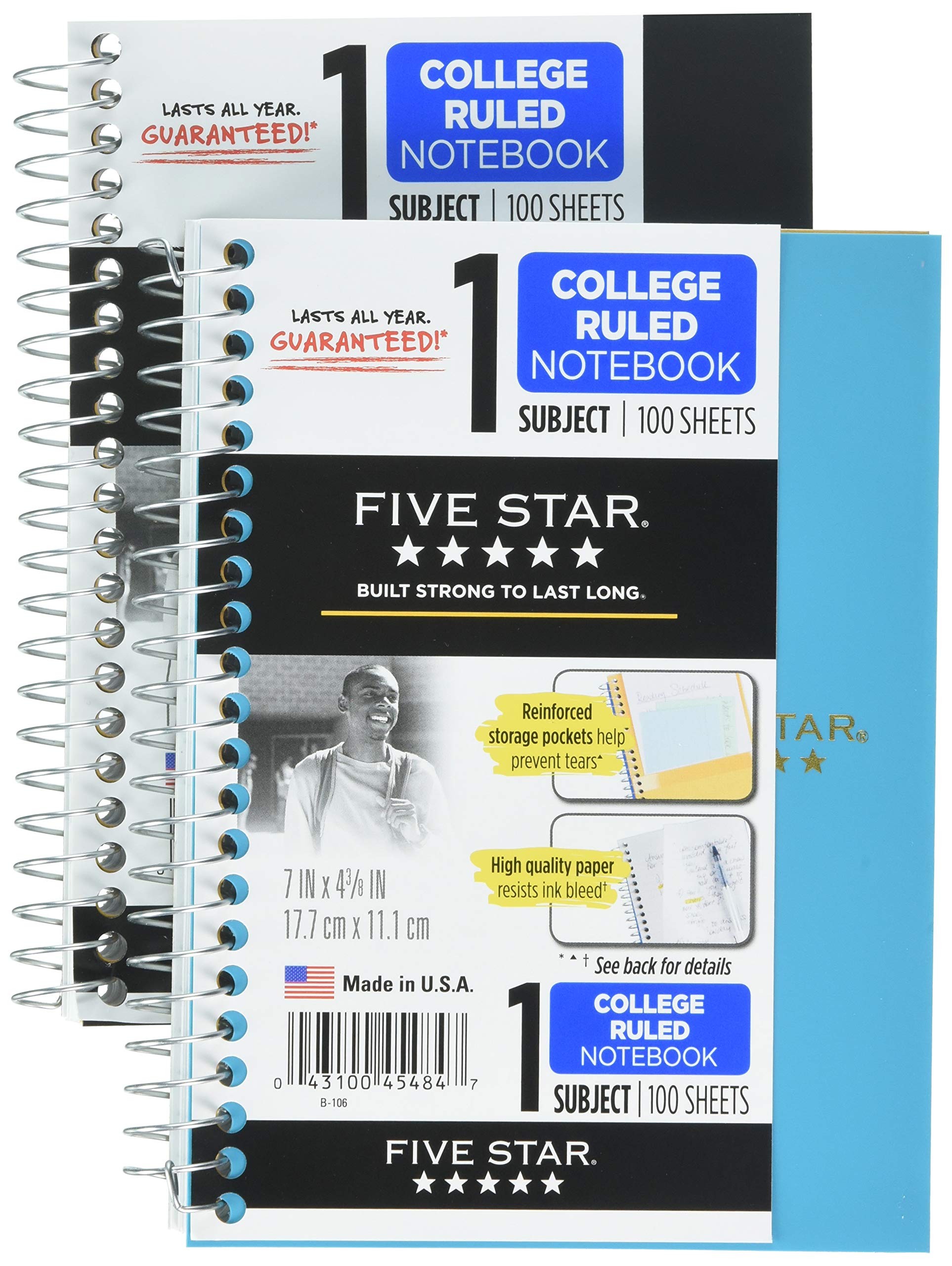 Mead Five Star Spiral Notebooks, 1 Subject, College Ruled Paper, 100 Sheets, 7 x 4-3/8", Personal Size, Colors Selected For You, 2 Pack (73707)