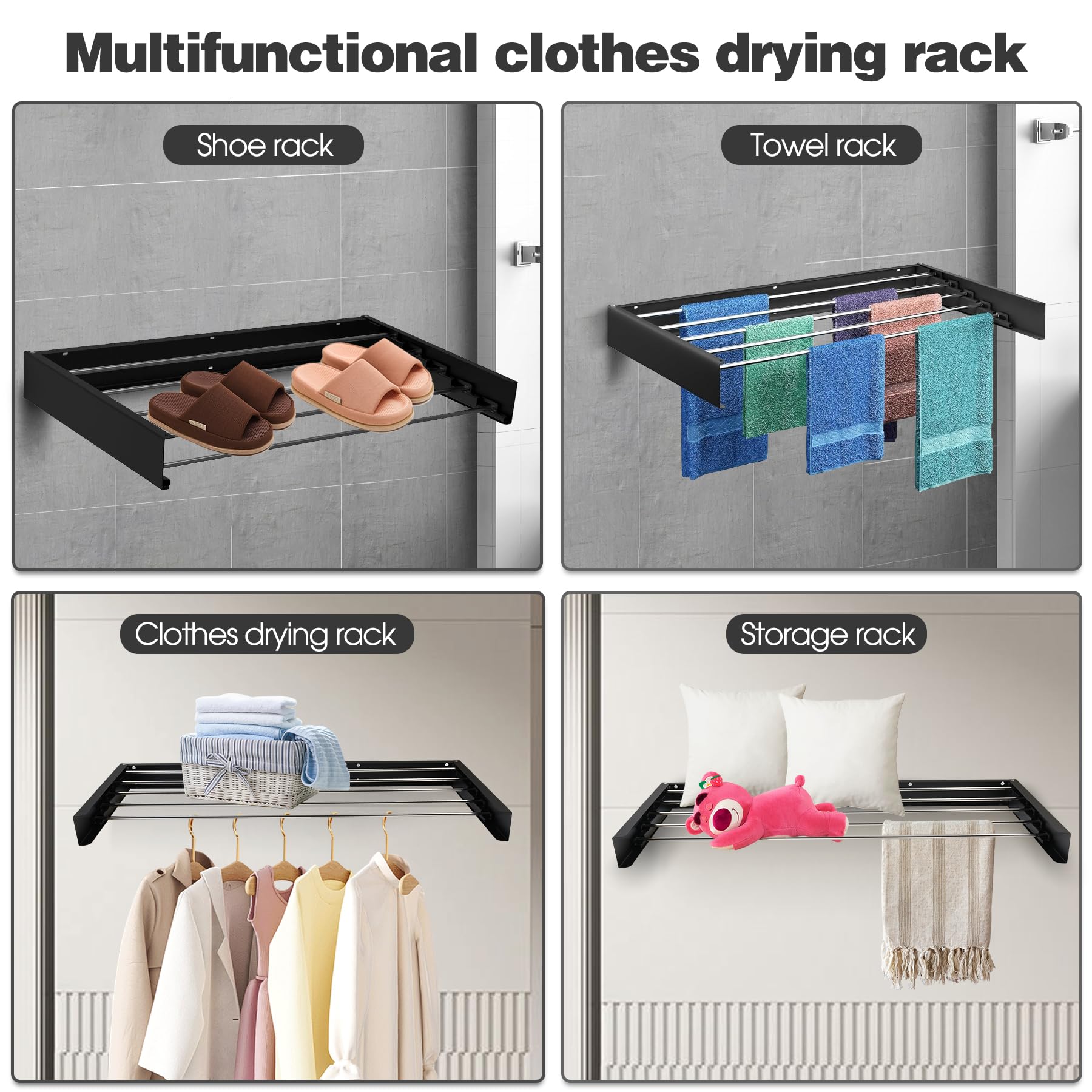 Étendoir à linge mural extensible - 80 cm - En acier inoxydable - Pliable - Noir - Charge maximale de 50 kg - Pour balcon intérieur et extérieur