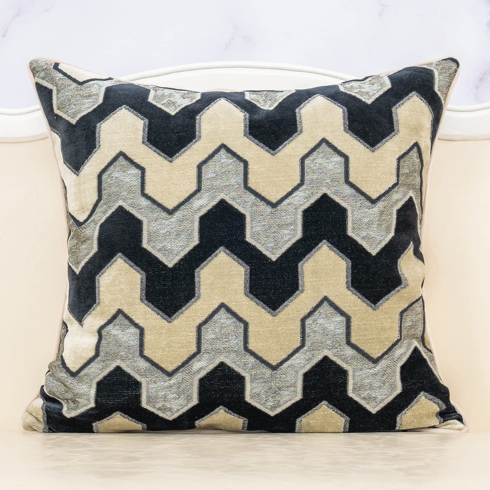 Alerfa Square Pillow Geometric Stripes Embroidery Cut Velvet Cushion Case Luxury Modern Throw Pillow Cover Decorative Pillow for Couch Sofa Living Room Bedroom Car 18 x 18 Inch Black