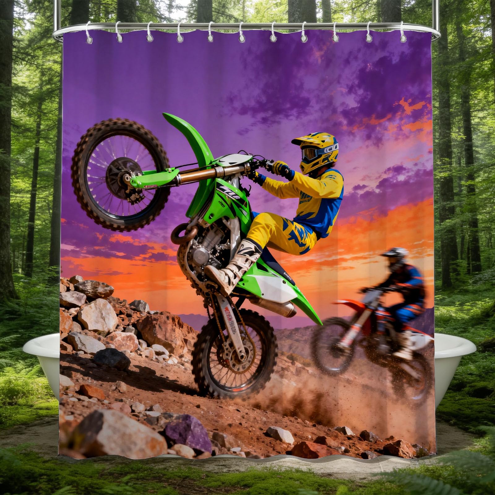 Hongduo 3D Dirt Bike Motorcycle Shower Curtain for Stalls Bathtubs Sport Bathroom Decor Shower Curtain Set Polyester Fabric Waterproof 180x200cm/71X79 Inch with Hooks