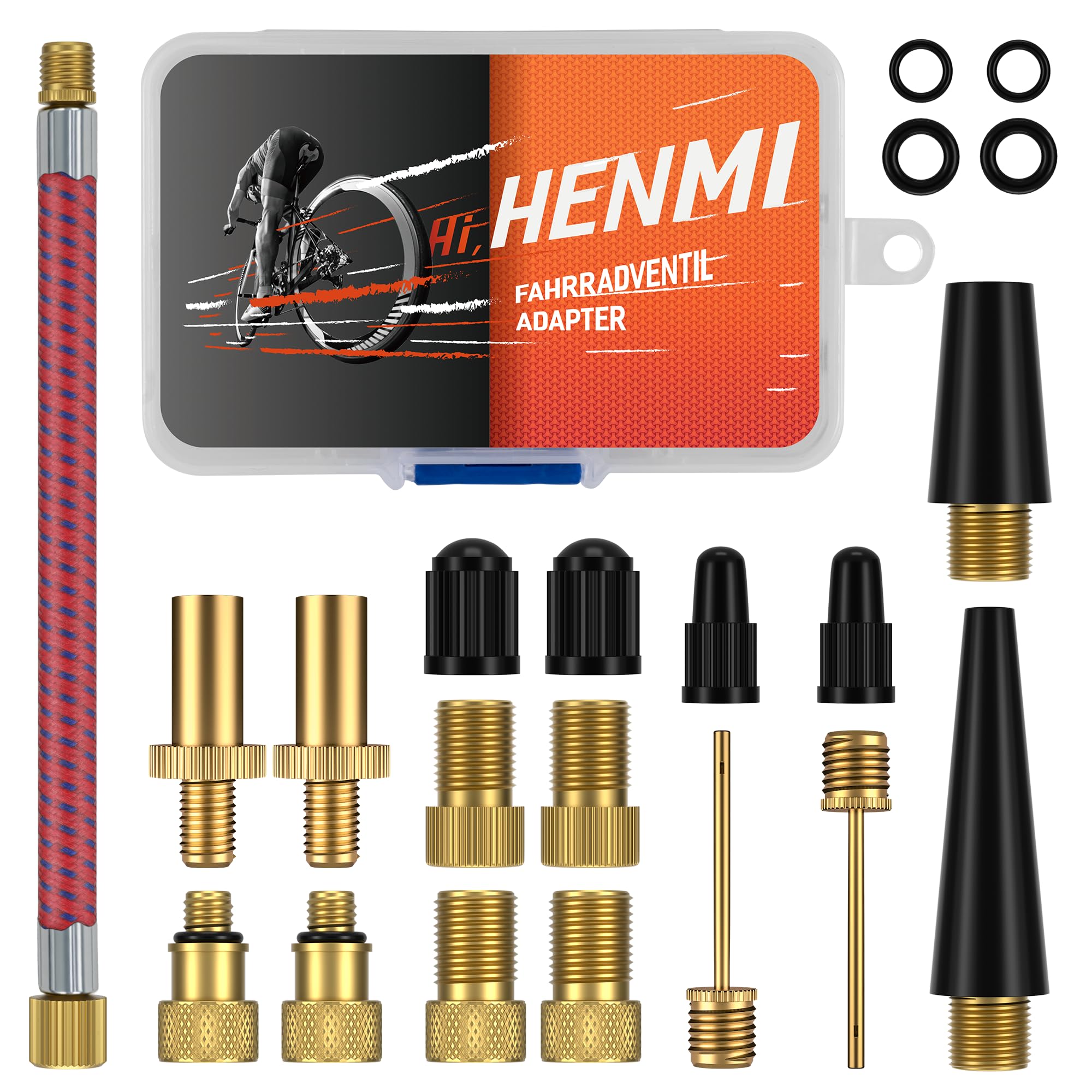 HENMI Fahrradventil Adapter Set, Alle Ventiladapter Fahrrad, Autoventil Adapter und französisches Ventil Adapter mit Sortierbox, Luftpumpe Adapter, Ballnadel und Kompressor Ventiladapter