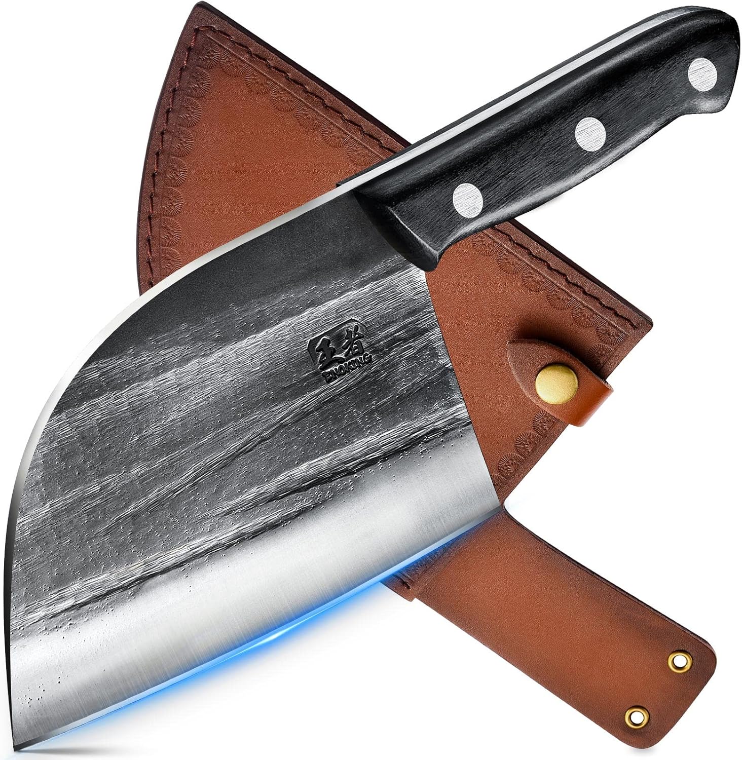 ENOKING HandForged Meat Cleaver Knife 6.7 Inch Handmade High Manganese Steel Serbian Chef Knife with Leather Sheath, Cleaver with Full Tang Handle for Kitchen, Camping, BBQ