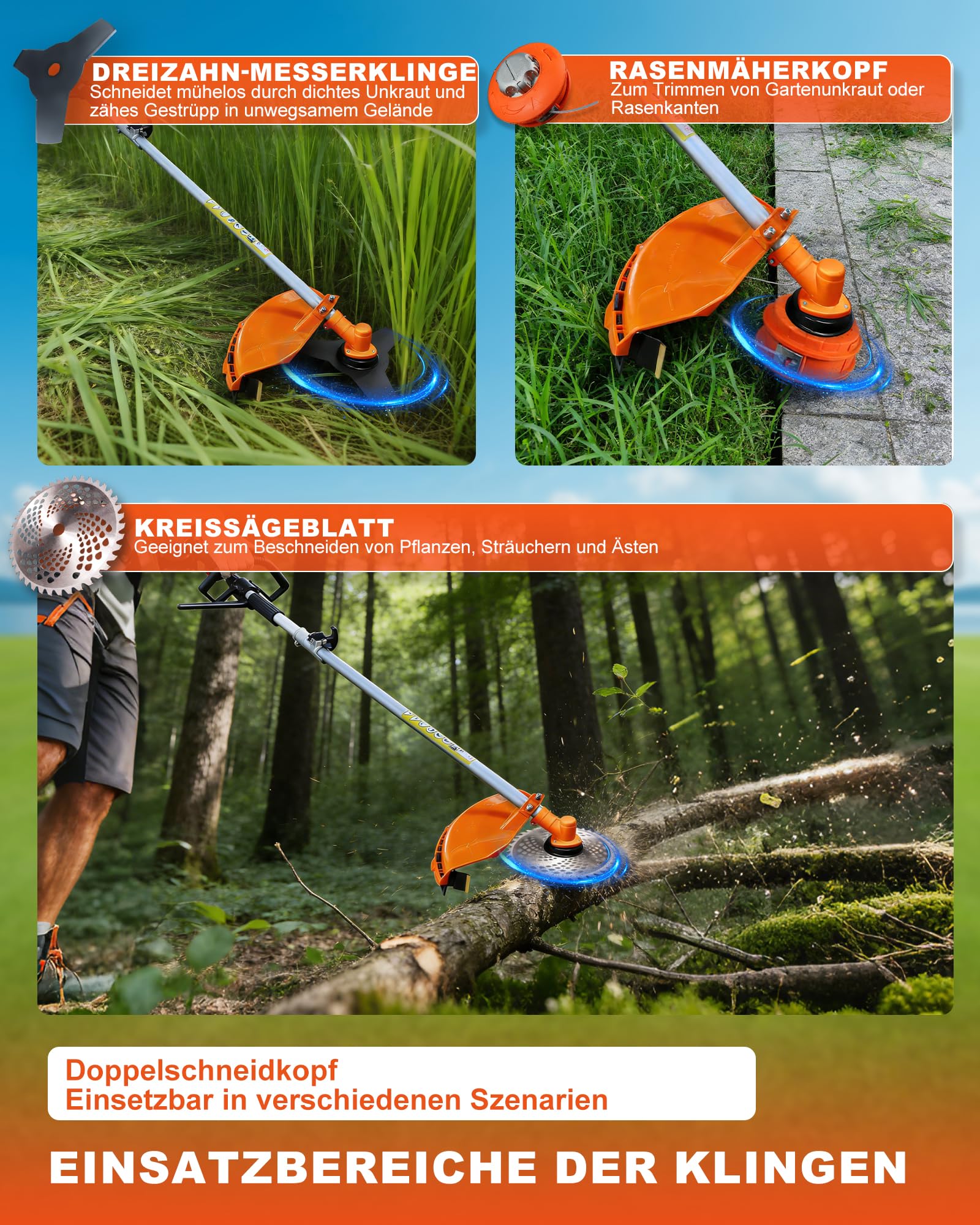 Benzin Motorsense 52cc 2-Takt freischneider-mit Benzin-Strimmer und Freischneider 、Heckenschere 、Kettensäge 3 PS, 2-Takt Luftgekühltes Gartengerät, Leistungsstark & Kraftstoffsparend