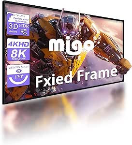 Migo 120 inch Fixed Frame Projector Screen, 16:9, 8K/4K Ultra HD, 3D Compatible, High Gain 2.0, Indoor Home Theater