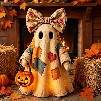 Vintage Patchwork Ghost with Lighted Pumpkin Lantern, LED Glowing Halloween Figurine, Rustic Fall Decor for Mantel Porch1pcs