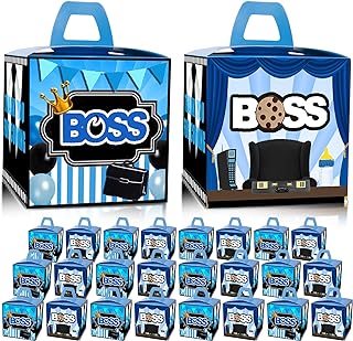 HAPPARTY BOSS Party Favor Boxes 24 PCS,Blue BOSS Boy BABY Gift goodie boxes, boss birthday favor candy treat boxes, boss 1st 2nd birthday decorations, boss birthday party supplies