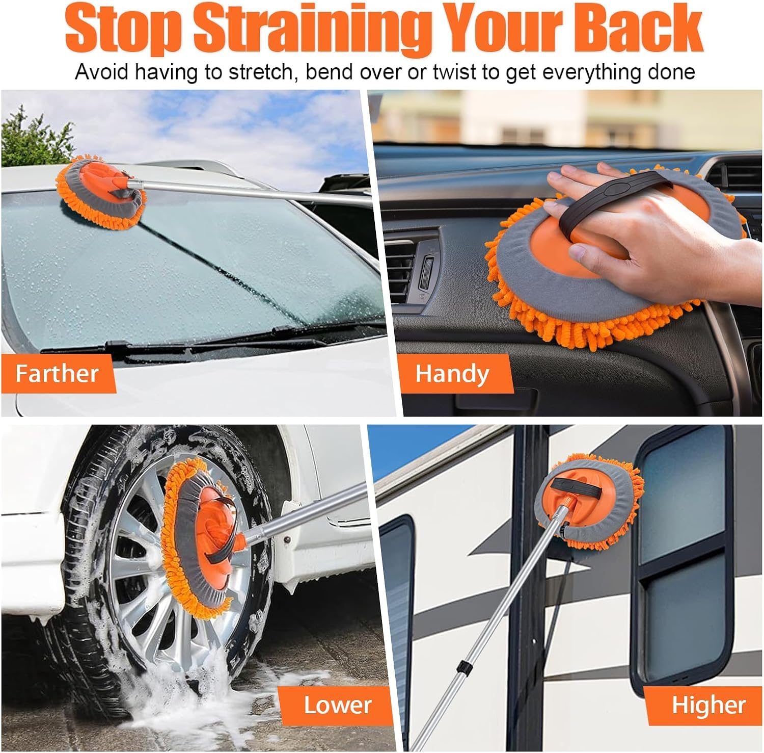 Auto-Reinigungsset, 1,2 - 3,6 m, mit extra dickem Aluminium, 3 x Verlängerungsstange, für Wohnwagen, LKW, mit weicher Bürste, Reifenbürste, Rakel, Autowaschhandschuh, Mikrofaser-Reinigungskopf