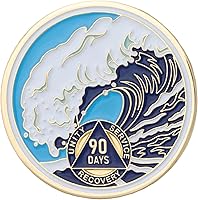 Vista 56 de Moneda AA de 1 año – Medallón de recuperación de ondas estrelladas de Sobriety Mint – azul/blanco/dorado