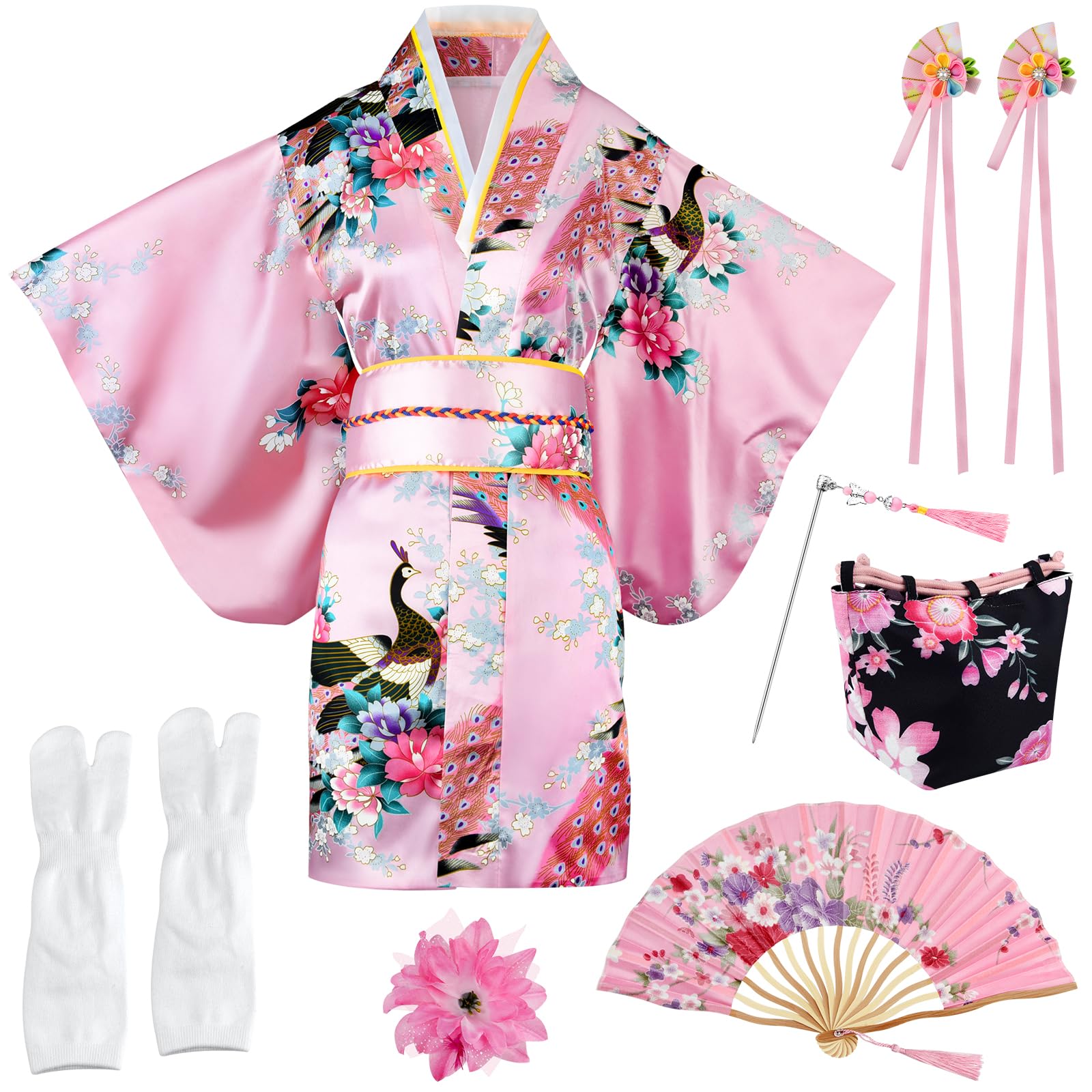PLULON 9 Piezas Kimonos Japoneses para Niños Vestido Tradicional Japonés Kimonos Florales de Satén para Niñas Disfraz de Cosplay