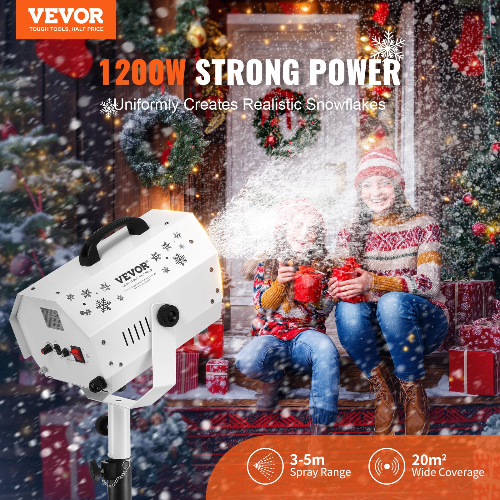 VEVOR Macchina per Neve 1200 W, Macchina per Produrre Neve con Supporto Regolabile, Macchina per Fiocchi di Neve con Telecomando Wireless, Macchina per Neve Finta per Feste di Natale Matrimoni