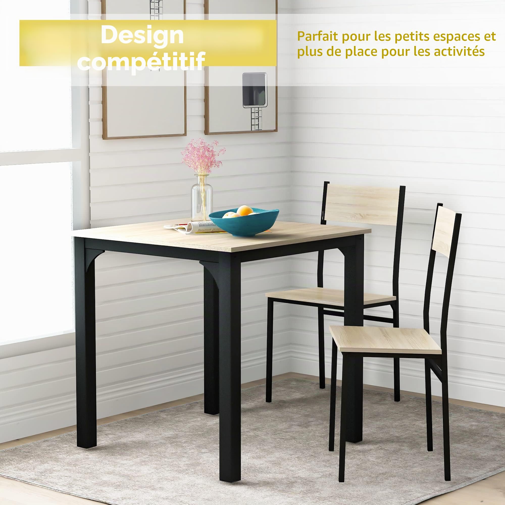 Sweiko Ensemble de Salle à Manger 3 Pièces Table en Bois avec 2 Chaises Couleur Naturelle