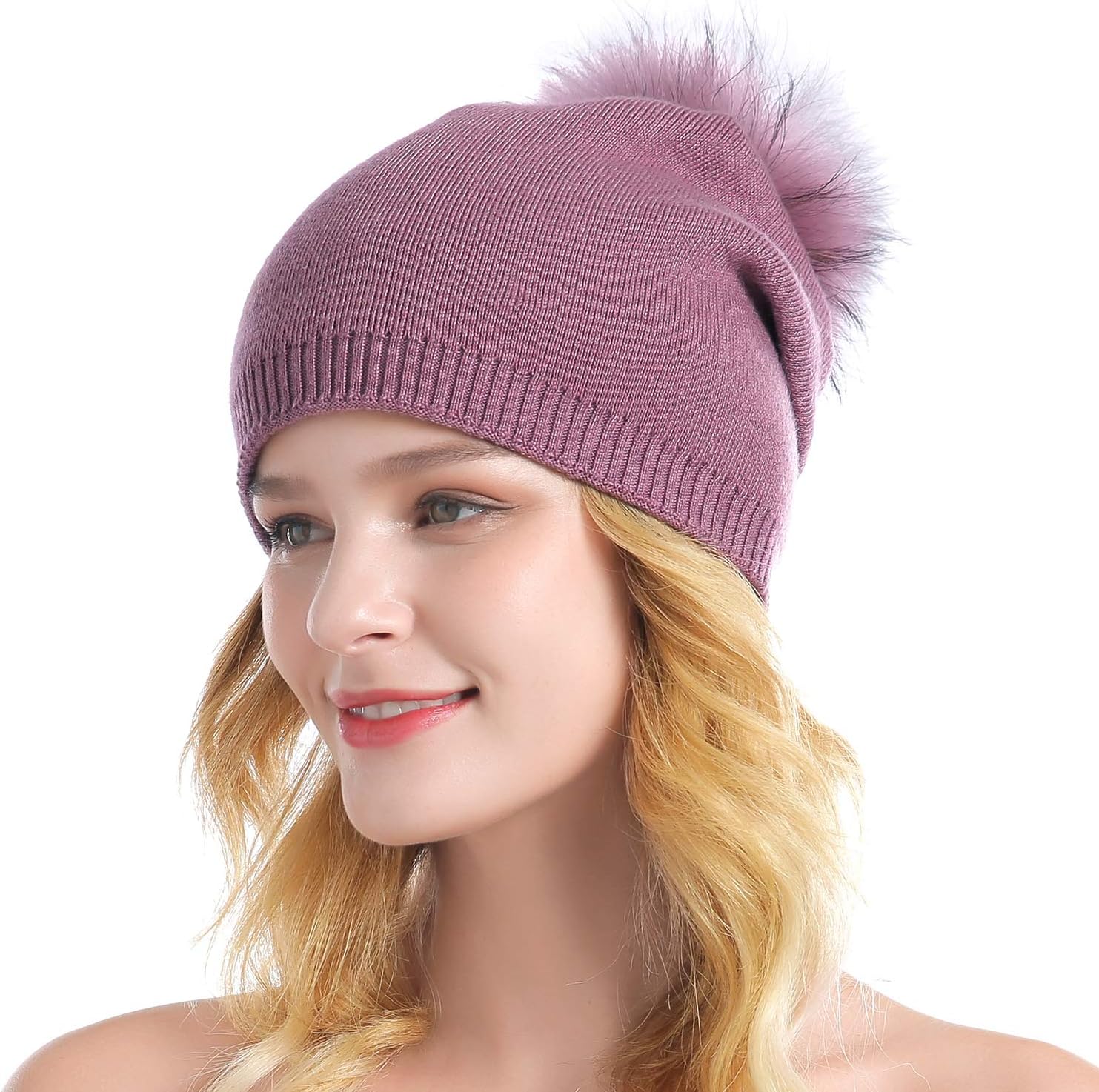Women Knit Wool Beanie - Winter Fashion Solid Wool Hats Real Removable Raccoon Fur Pom Pom Warm Ski Beanie - Image 2