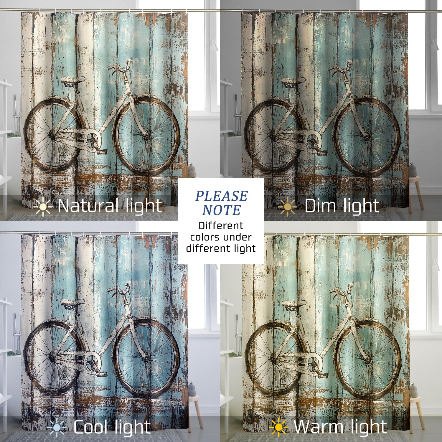 Rideau de douche vintage en tissu imperméable avec crochets pour salle de bain - Motif vélo - Bleu turquoise et blanc - 157 x 183 cm