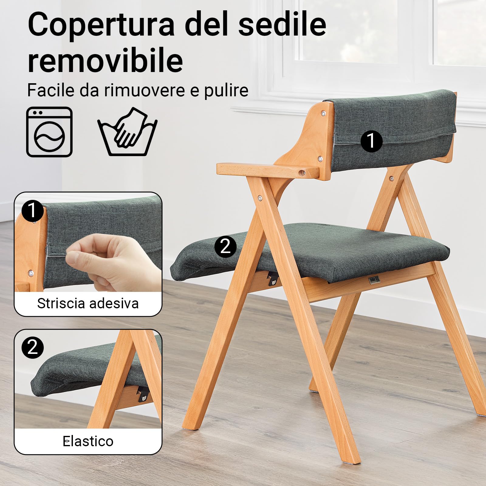 SoBuy Sedia Pieghevole in Legno con 2 cuscini, già montata, 61,5x56x77,6cm | Sedie Pieghevoli da Giardino ergonomiche & compatte, portata 150 kg, per ospiti & sala pranzo & ufficio & balcone, FST98-SG