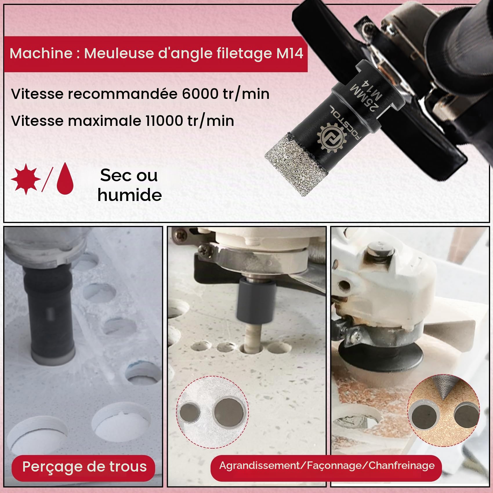 FOCSTOL Foret Diamant Carrelage Kit - 10 pièces (6/8/10/25/35/50/68mm+10mm Fraise+50mm Mèches Chanfrein Biseautées+Adaptateur Hexagonal) Scie Cloche Diamantée pour Porcelaine Carrelage Marbre Granit