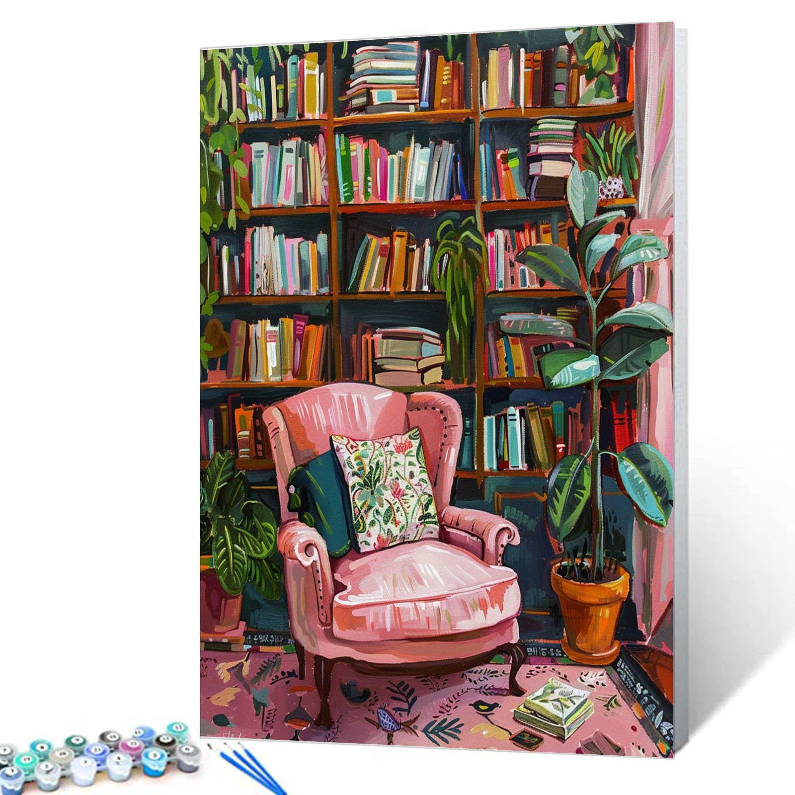 Bookshelf Book Theme Pink Library Paint by Numbers Kits for Adult Vintage Paint by Numbers Boho Painting Kits on Canvas with Brushes and Acrylic