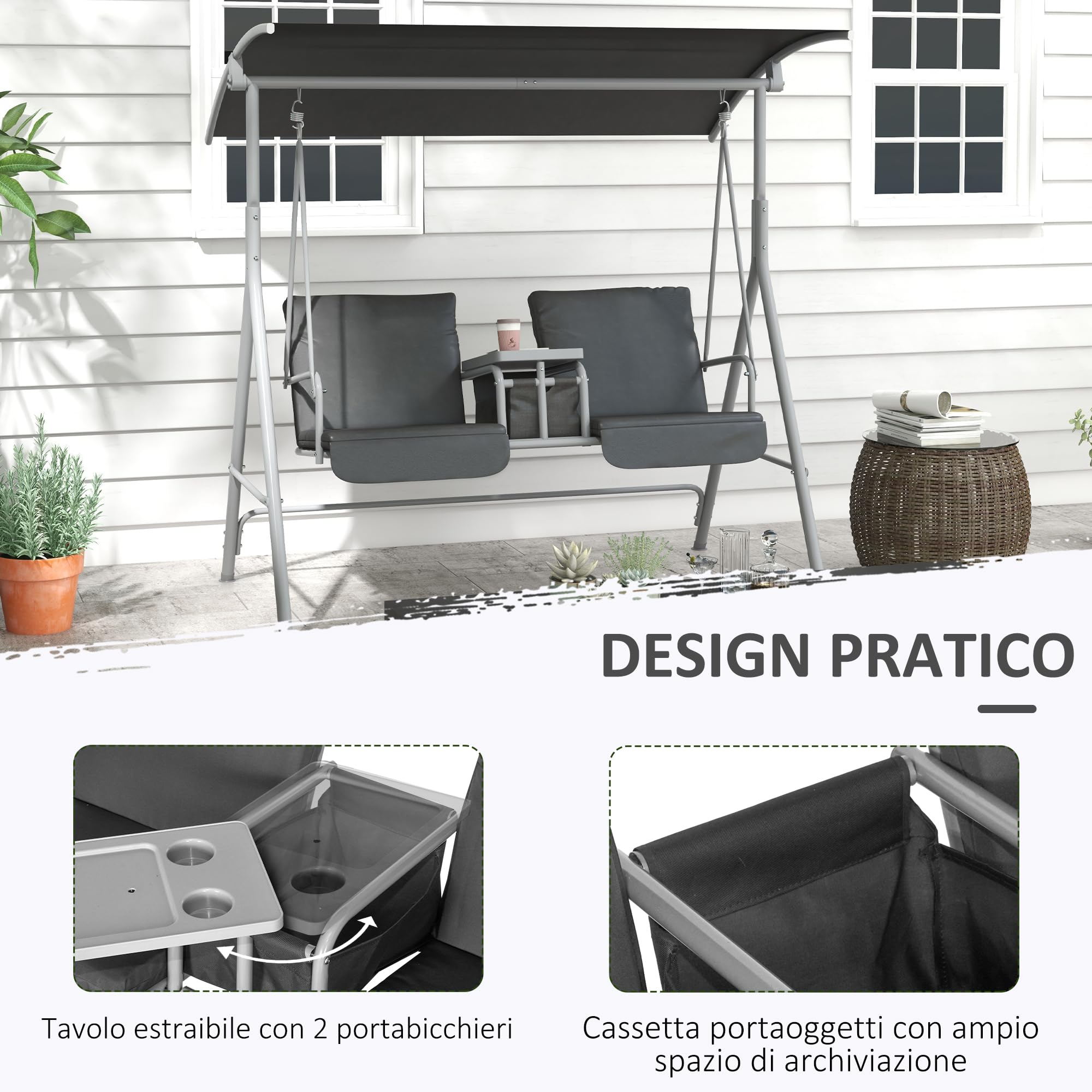 Outsunny Dondolo da Esterno con Tavolino e Portabicchieri Centrale, Dondolo 2 Posti in Metallo con Tettuccio in Poliestere, 175 x 112 x 158 cm, Grigio