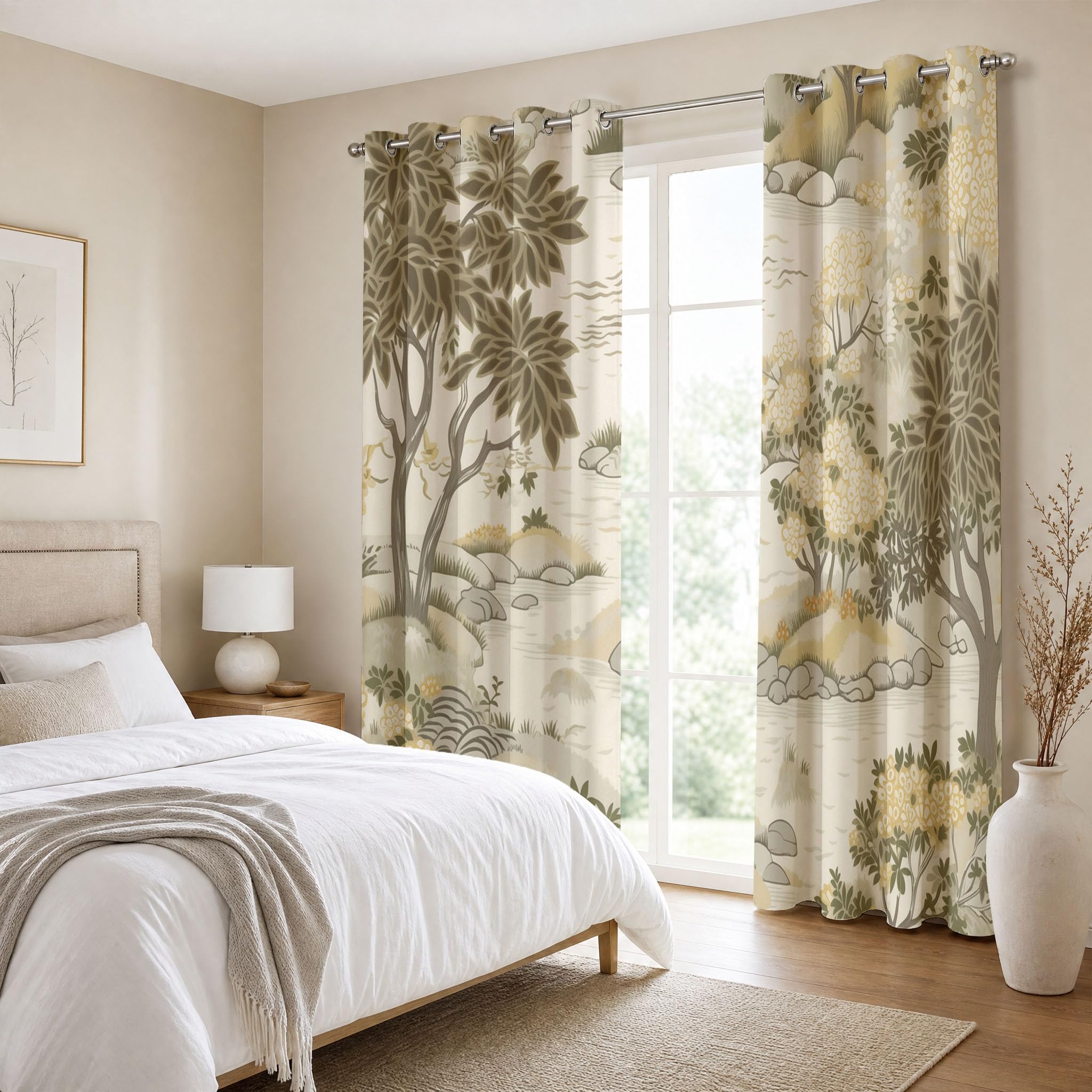 Rideau Occultants Paysage De Jardin Japonais Beige 140X160 Cm (Lxh) | Rideau Opaque Thermiques Plantes Élégantes Rivières Pour Chambre D'Enfant, Lot De 2 Draperies Intérieurs À Oeillets