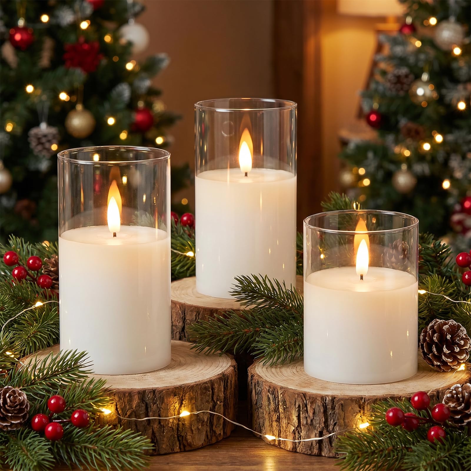 GenSwin Candele ricaricabili senza fiamma con timer remoto, candele a LED trasparenti a batteria con fiamma tremolante, vetro e vera cera, decorazione per la casa e le vacanze (set da 3, diametro 7,6
