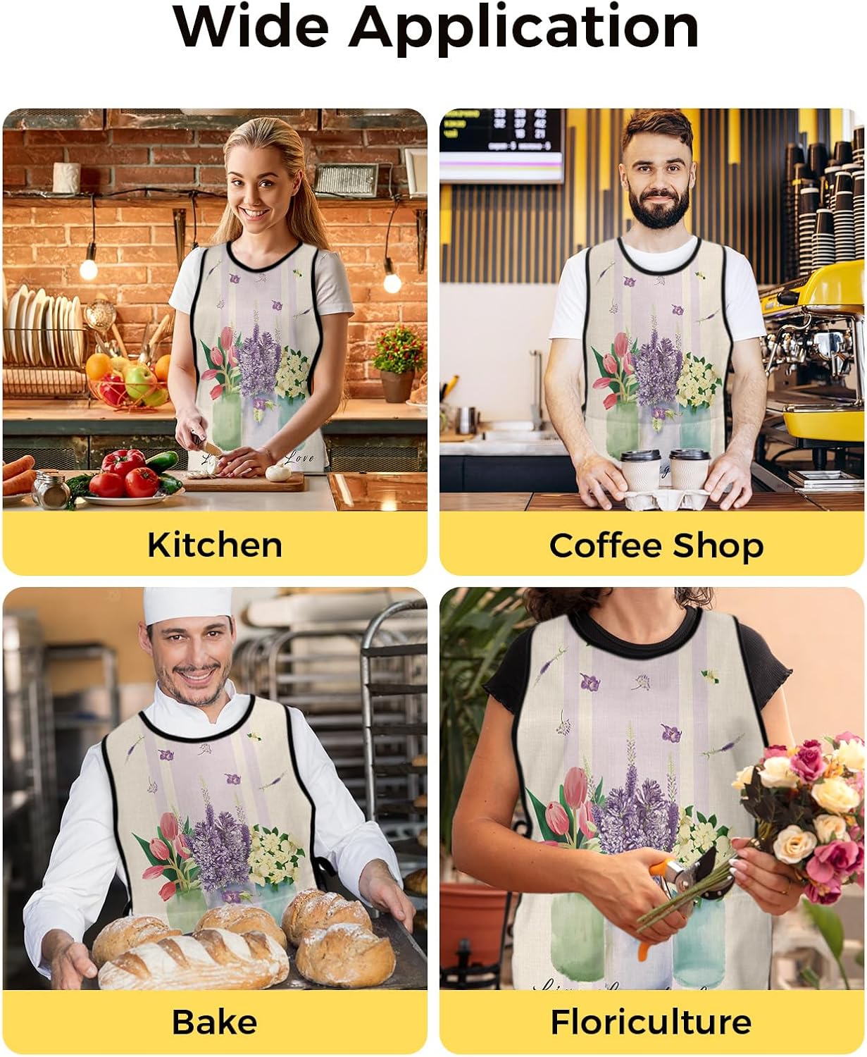 Tulips Lavender Watercolor Cobbler Aprons with 2 Pockets for Women Men,Fashionable Printed Unisex Bib Waterproof Cleaning Smock Vest for Chef Kitchen Summer Spring Country Jasmine 2 Packs,20''x 31.5''