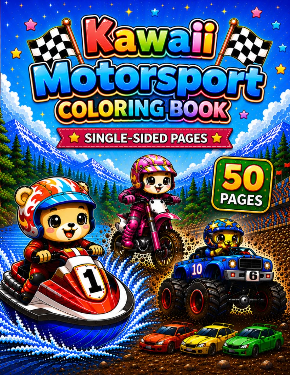 Kawaii Motorsport Coloring Book: 50 Cute Racing Adventures |Monster Trucks and Dirt Bikes