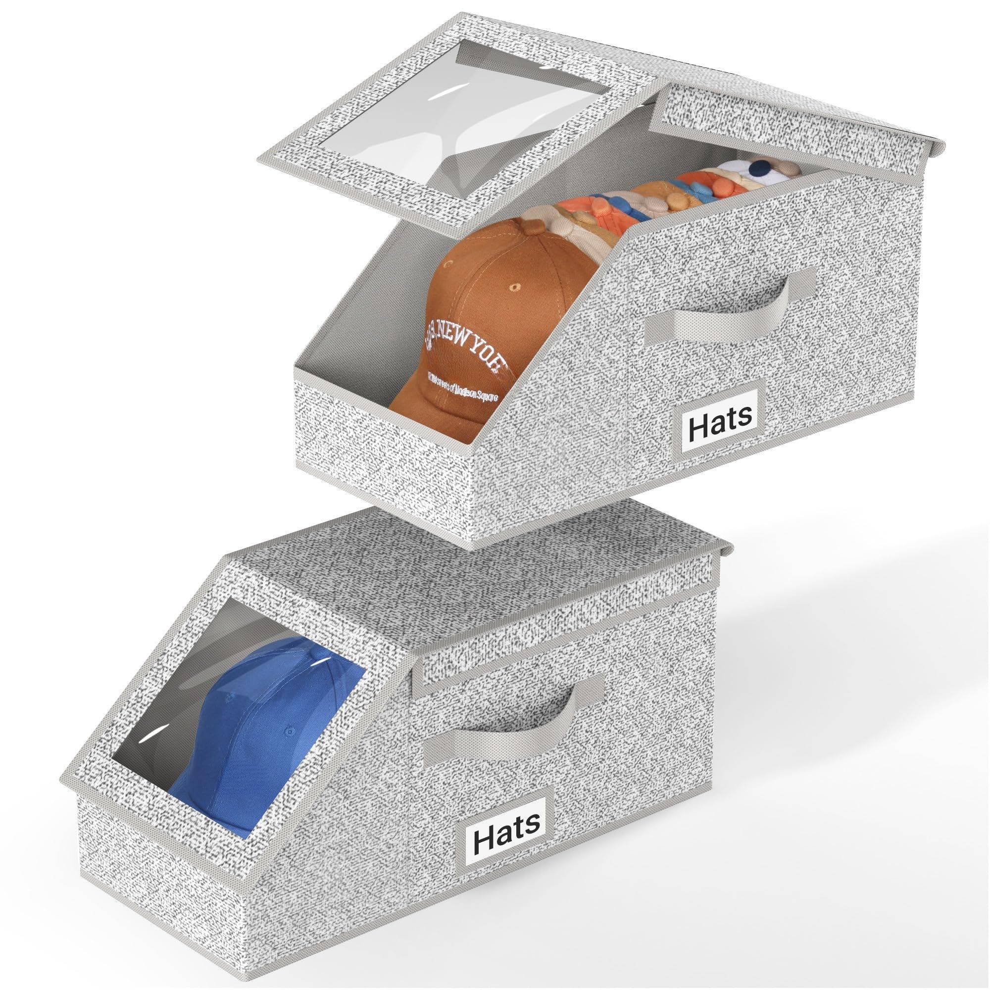 AOODA 2 Pcs Stackable Hat Storage for Baseball Caps, Holds up to 24 Caps Clear Hat Organizer for Closet, Sturdy Hat Box Holder with Cardboard, Grey