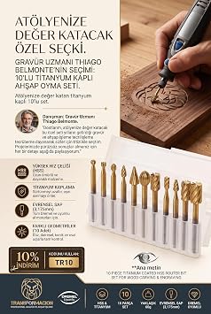 Transformacion 10 Parça Titanyum Kaplı HSS Ahşap Oyma Freze Ucu Seti Dremel Uyumlu Gravür Matkap Uçları 723528