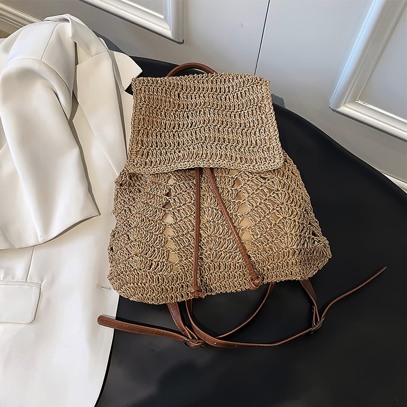 Mochila pequeña de paja para mujer, estilo bohemio, con cordón, hecha a mano, para playa, hombro, mochila de verano