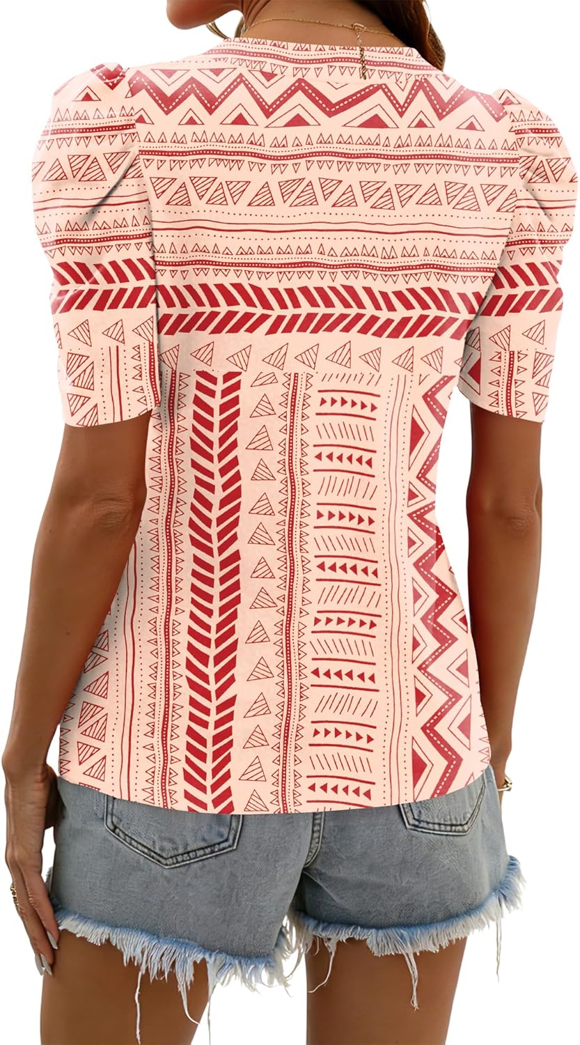 IECCP Women V Neck T Shirts Puff Short Sleeve Tops Fashion Dressy Casual Tunic Loose Fit Blouses - Image 6