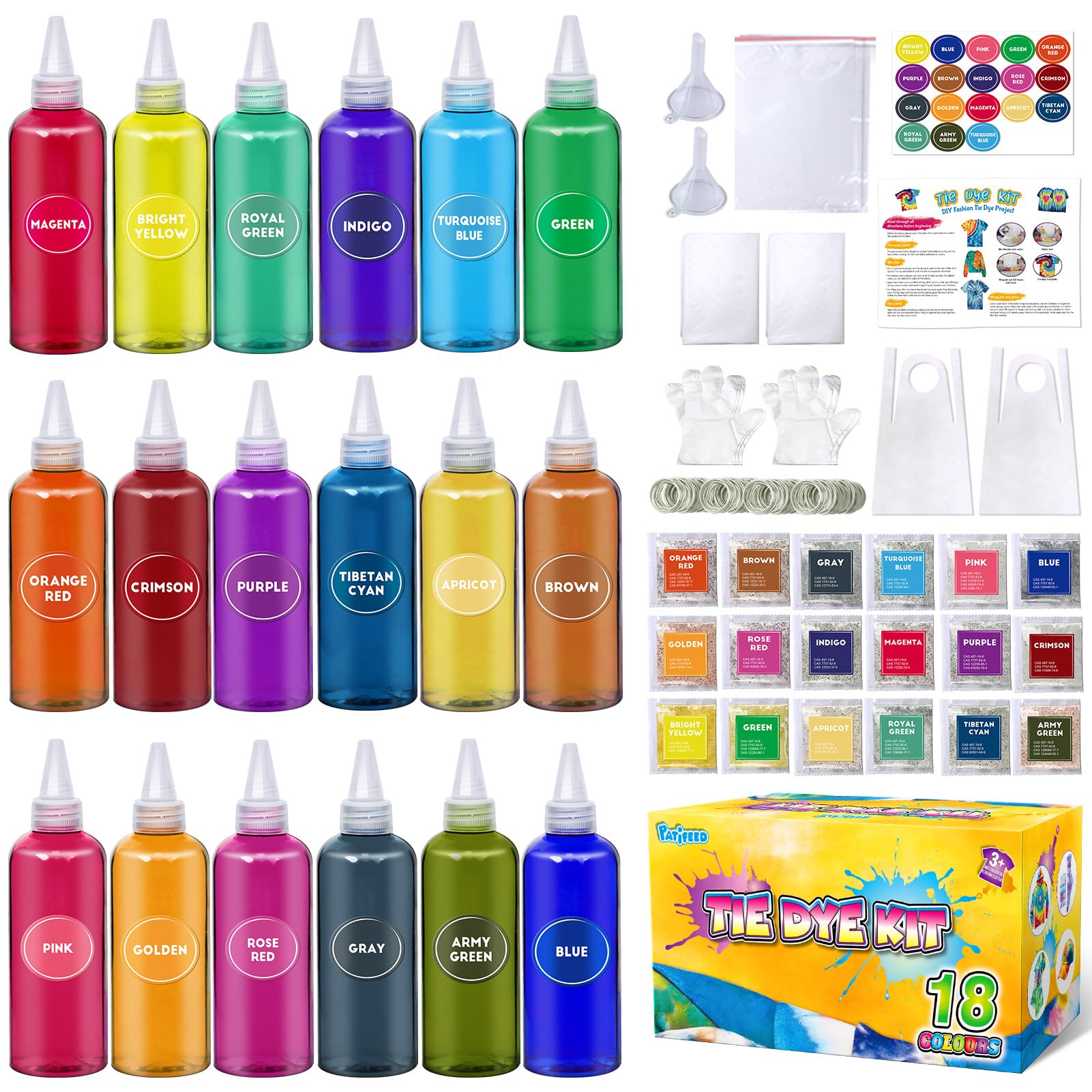 PATIFEED Batikfarben Set für Kinder und Erwachsene, 18 Farben 80ML Flaschen Batik Set, Batik Farben Geschenke für Mädchen und Jungen, Große Gruppen, Aktivitäten, Handgemachte Partys