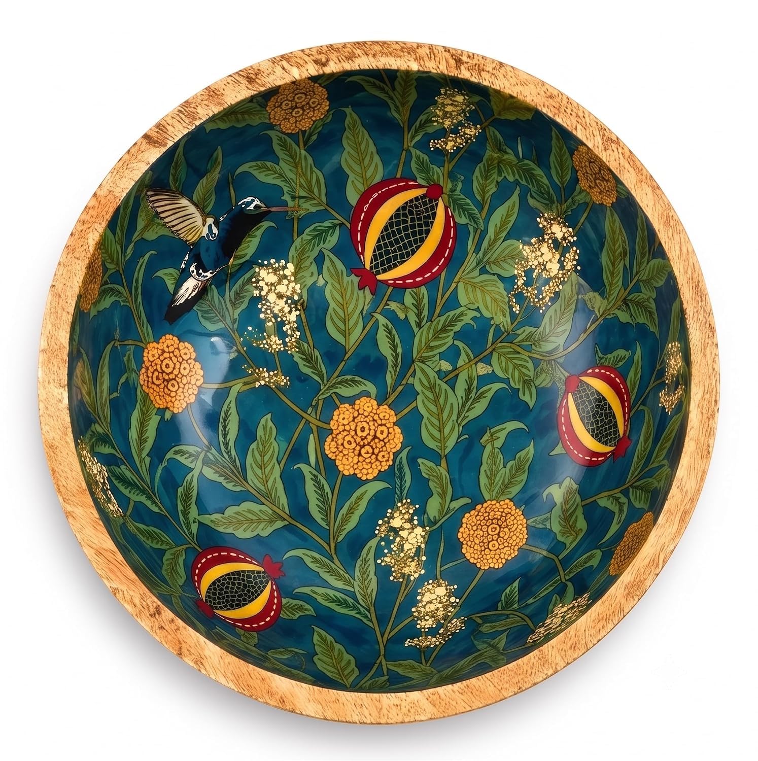 Handcrafted Wooden Decorative Bowl with Bird & Botanical Art | Multipurpose Round Bowl for Dry Fruits Potpourri Keys & Center Table Décor | Blue Green (Verdant Canopy)-image-4