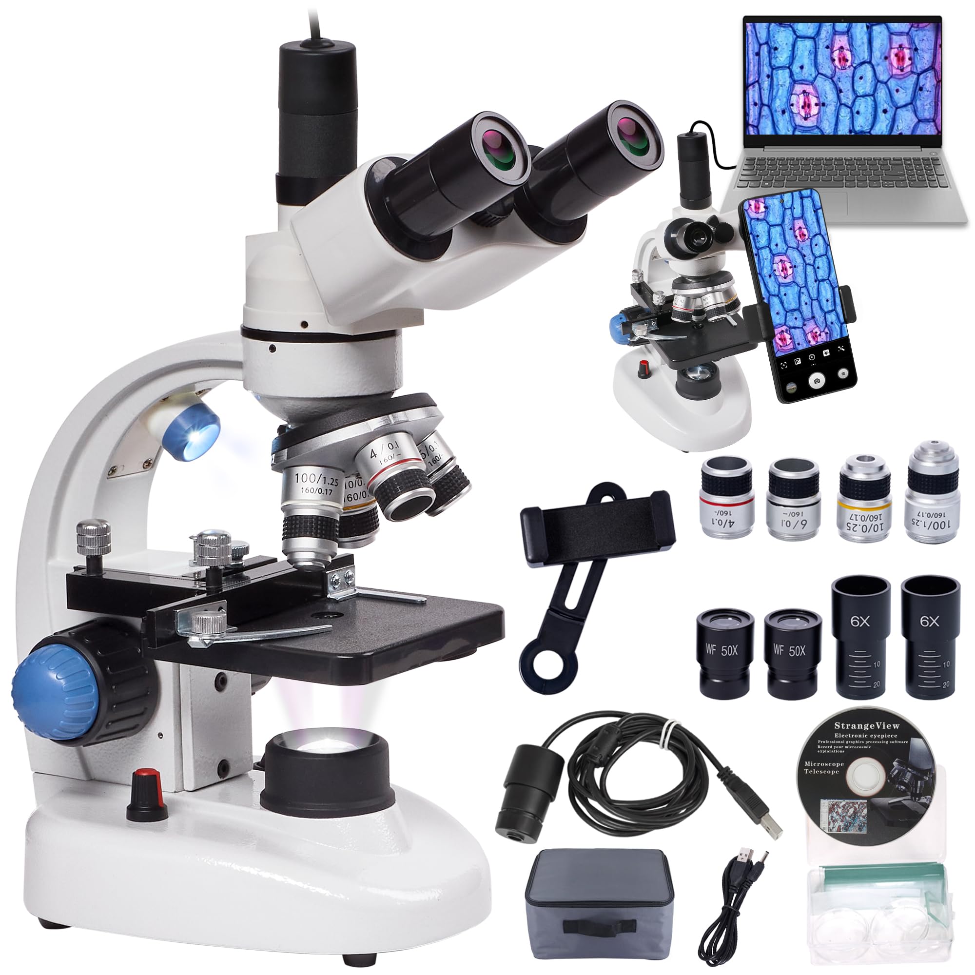 Trinocular Microscope for Adults Students, 200X-2000X Digital Lab Biological Microscopes for Home Education with 2MP USB Camera, Mechanical Stage, LED Illumination & Adapter, STEM Gifts