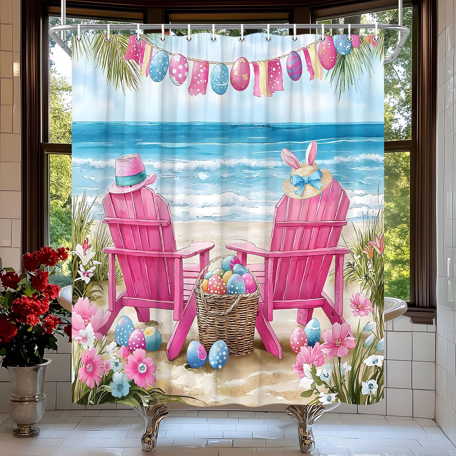 Easter Beach Scene Shower Curtain Tropical OceanEggs Beachy Recliner Chair Palm Leaf Floral Plant Watercolor Seaside Landscape Bath Curtain Fabric Bathroom Accessories Decor with Hooks 90W x70L