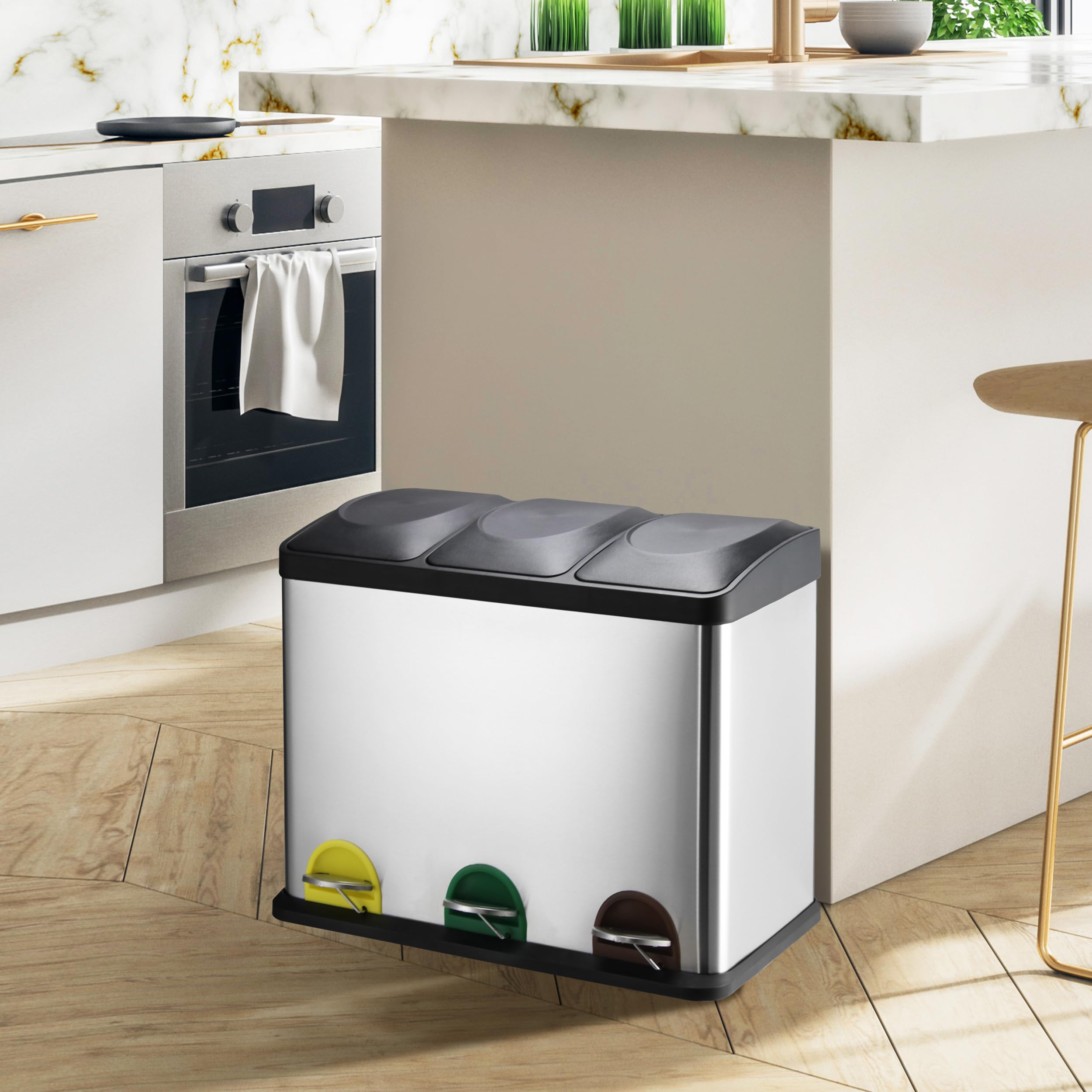 MSV - Poubelle à Pédale Tri Sélectif Inox 60L - 3 Bacs Amovibles de 20L - Design Moderne, Silencieuse et Anti-Odeurs - Idéale Cuisine et Extérieur
