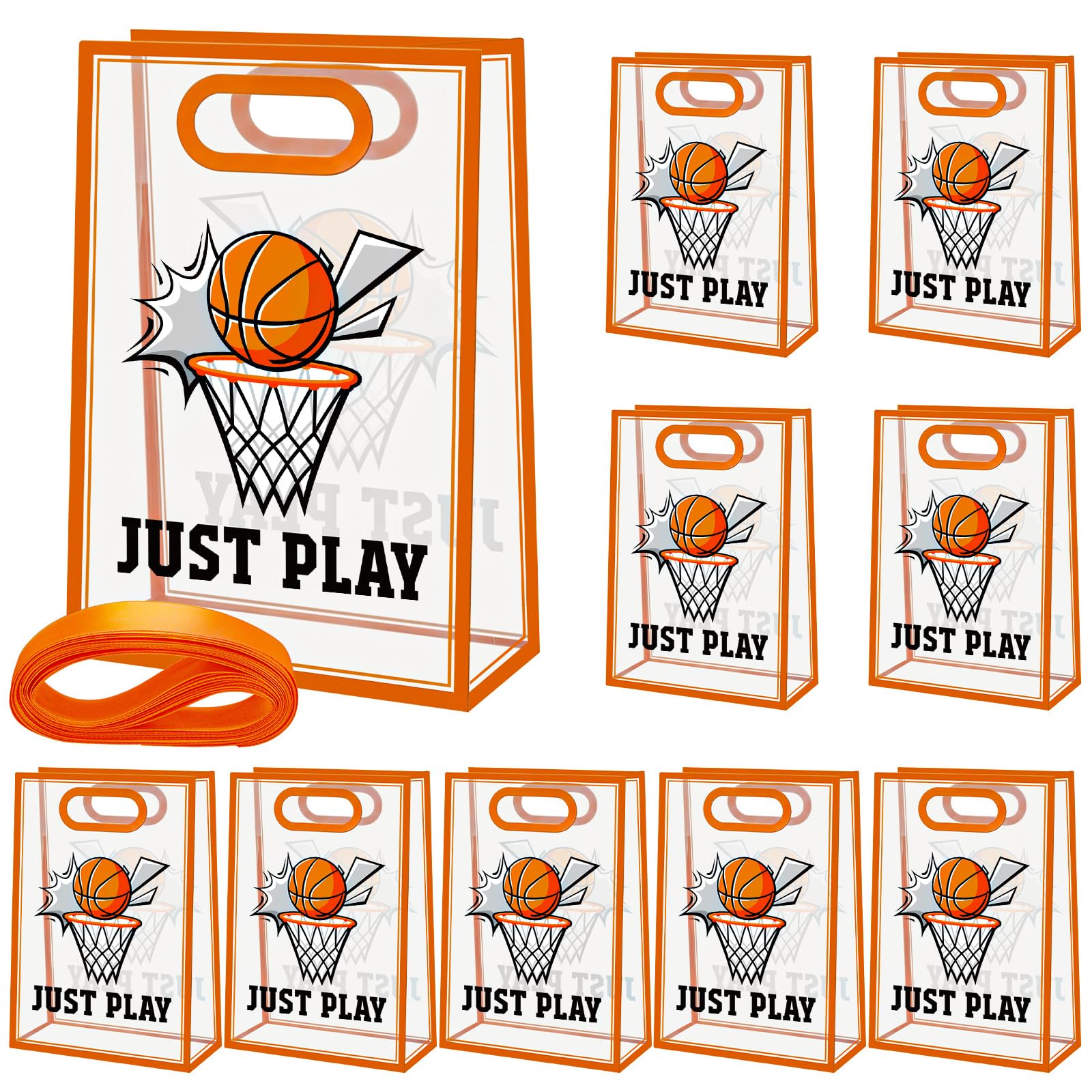 Aliceset 12 Pcs Basketball Clear Goodie Bag with Die Cut Handles and Ribbons Sport Theme Party Favor Bags for Basketball Team Snack Wrapping Teamer Gifts Birthday Party Treats Supplies, 7x10x3.15 Inch