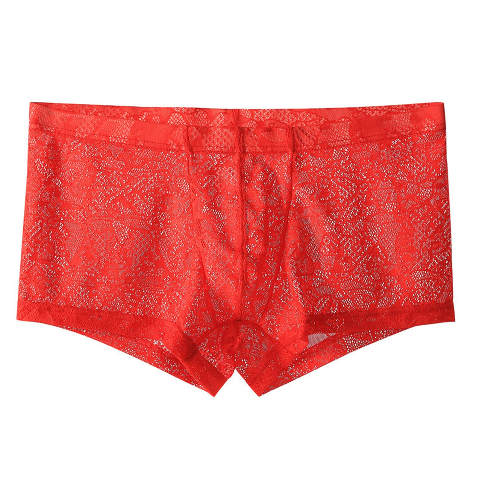 Evankin Men's Red Boxer Brief Underwear Sexy Lace See Through Underwear Low Waist Sexy Ice Silk Underpants U Convex Pouch（-Xl）