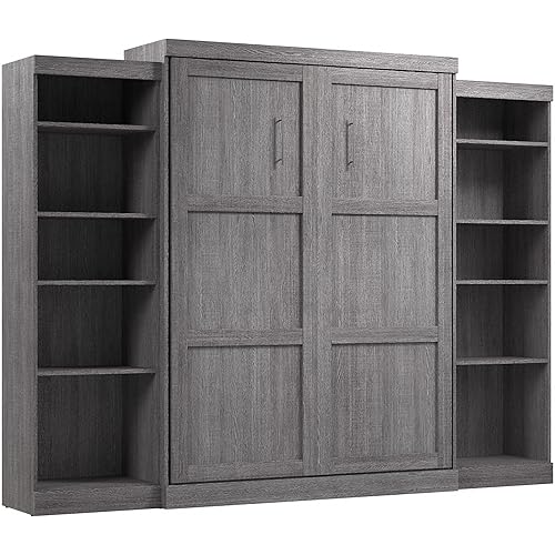 Bestar Pur Queen Murphy Bed and 2 Shelving Units, 115-inch Space-Saving Sleeping Arrangement with Storage in Bark Grey