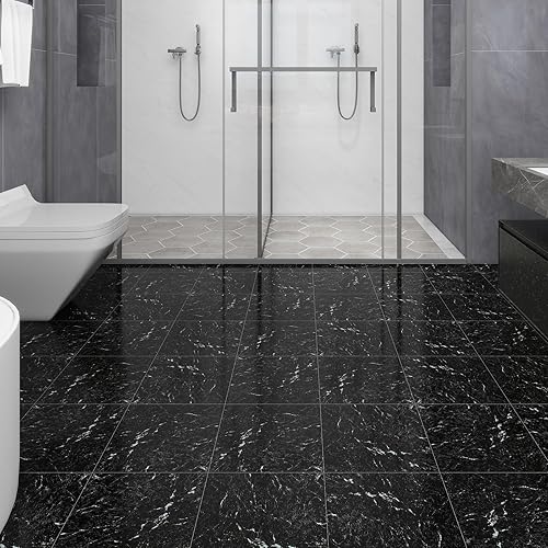 Miniatura 5 de Azulejos autoadhesivos de vinilo impermeable para despegar y pegar, 12 x 12 pulgadas, color negro jade oscuro, para cocina, baños y dormitorio,