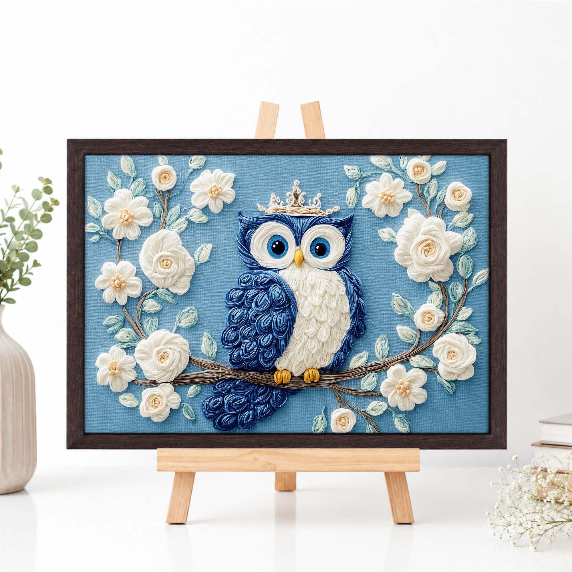 ROYAL BLOOM OWL - PAPER PAJAMA - Cute Blue Owl Floral Framed Wall Art for Kids Room & Bedroom | Whimsical Nature Bird Illustration | Decorative Painting - 10x13 Inches 1