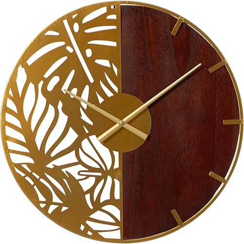 Reloj de pared grande redondo moderno de 23.6 pulgadas, madera marrón decorativa y metal dorado con corte de hojas, reloj de gran tamaño para