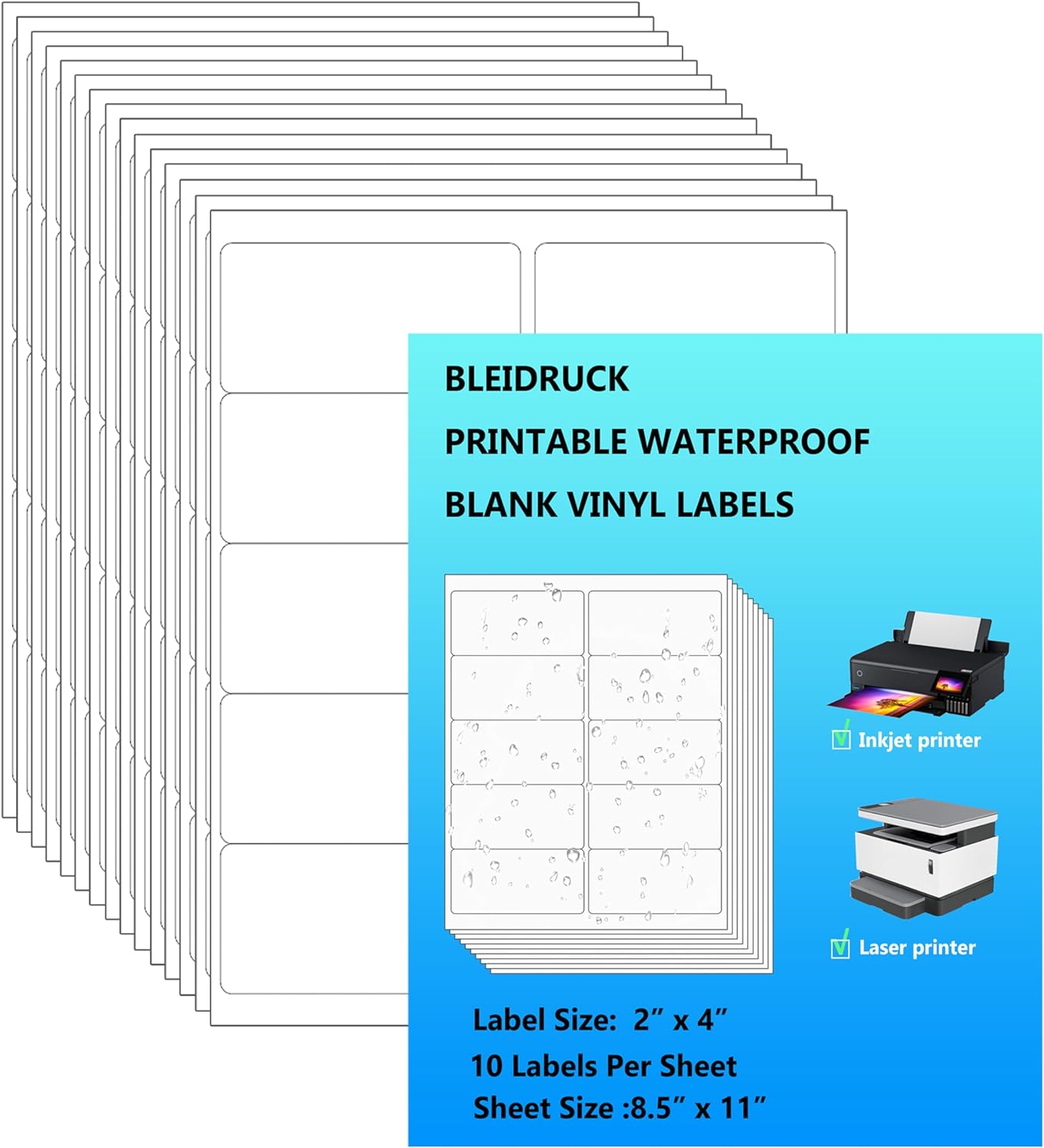 10 UP Shipping Labels 2"×4" Glossy White Printable Waterproof Bottle Lables Rectangle Vinyl Sticker Paper for Inkjet or Laser Printer 150 Total Adhesive Labels