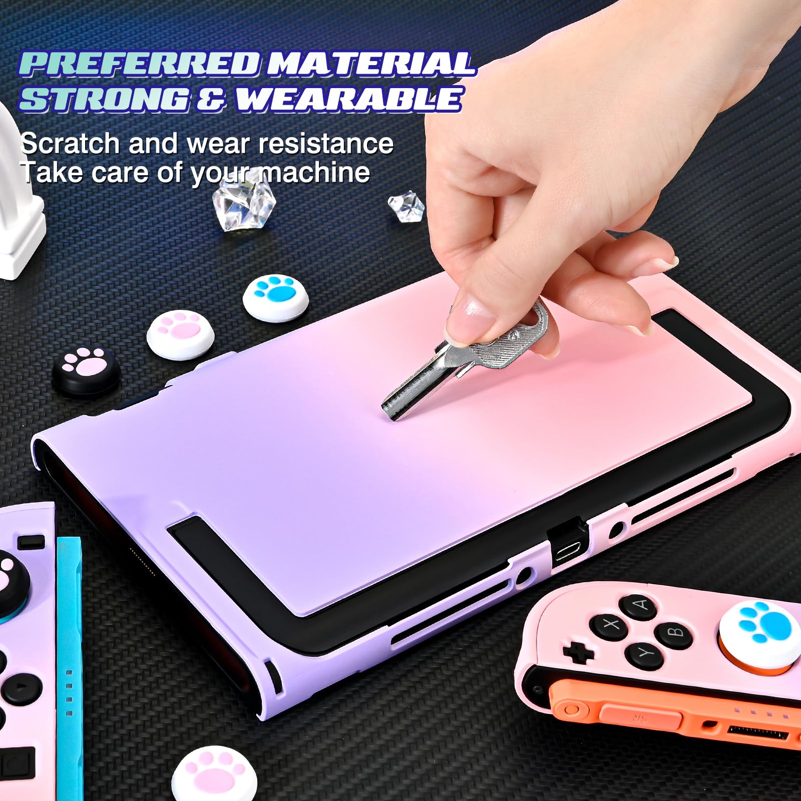 DLseego Hülle für Switch 2 2025, Dockable Farbige Harte Schutzhülle aus PC mit 2 Handgriffen und 6PCS Daumen Grips Kappe,Lila+Rosa - 5
