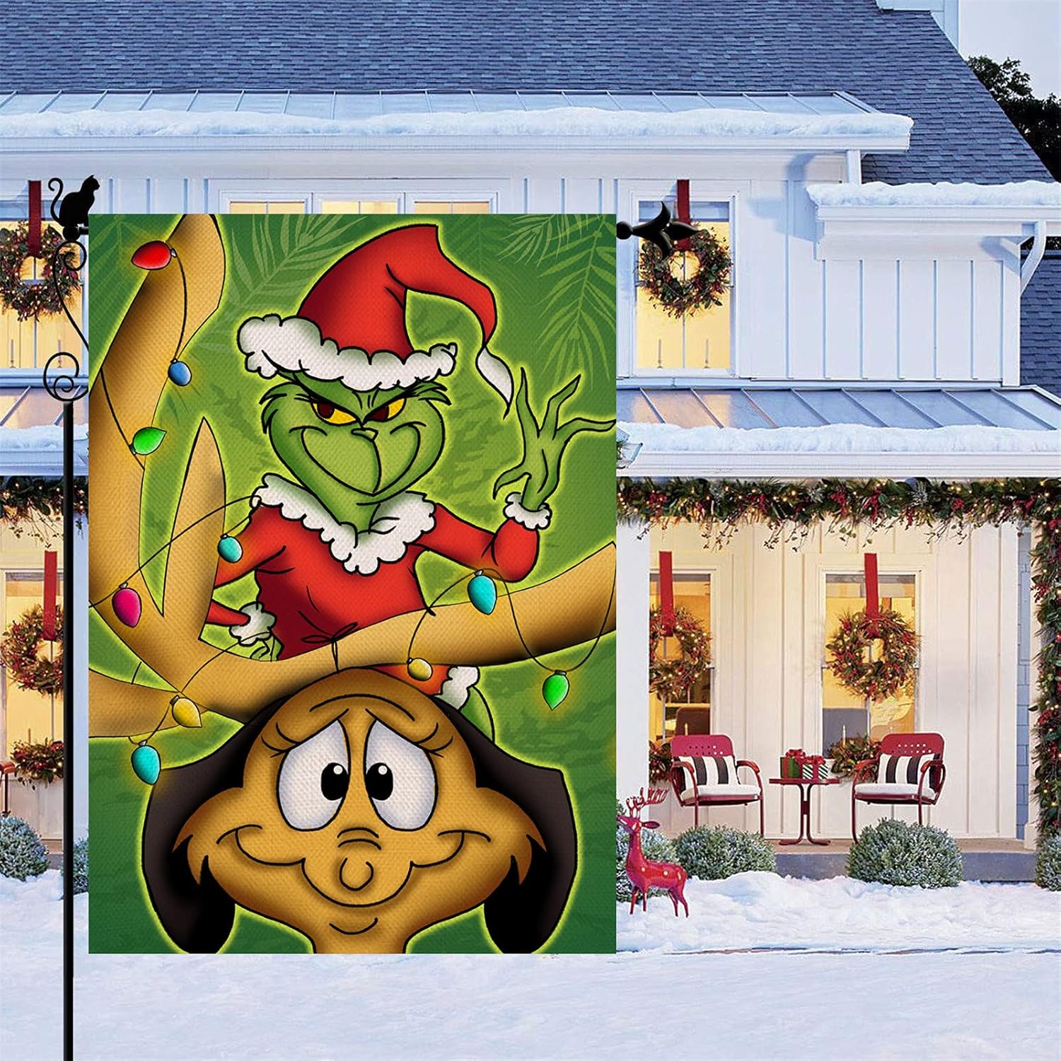 Covido Home Decorative Christmas Holiday Grinch Max Garden Flag, Xmas Santa Reindeer House Yard Lawn Outside Decoration, Winter Farmhouse Outdoor Small Burlap Flag Decor Double Sided 12 x 18 : Patio, Lawn & Garden