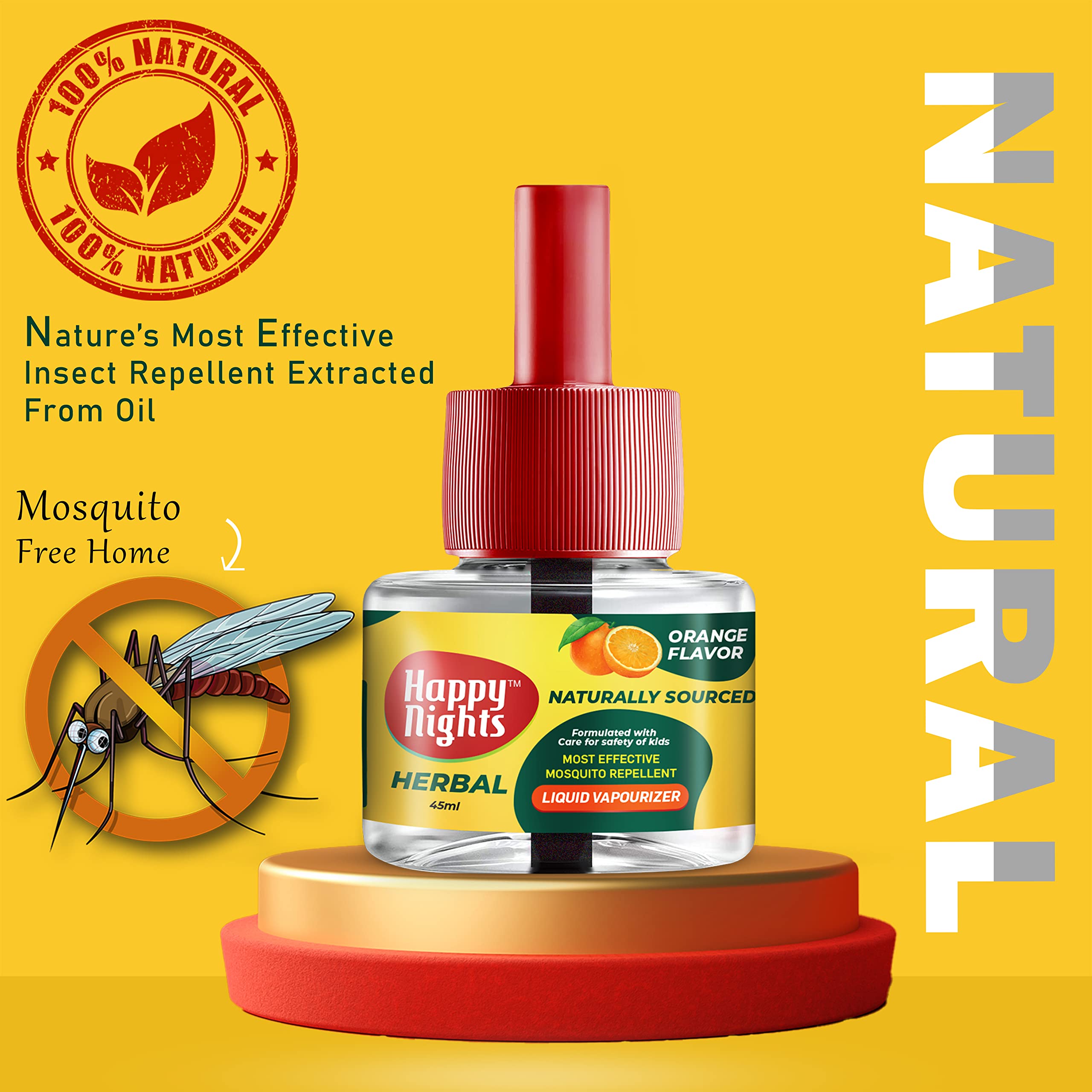Happy Nights Naturals Orange Liquid Vaporizer Mosquito Repellent - Combo Pack (1 Machine + 2 Mosquito Refills) - 45ML Mosquito Repellent 100% Natural Active Ingredients - Safe for Kids and Adults - Air Freshener Completely Herbal 1