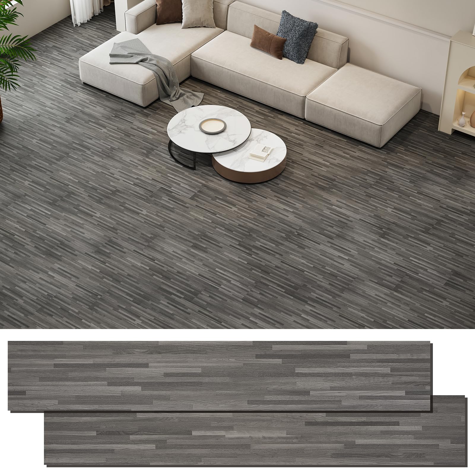 INMOZATA Peel and Stick Floor Tile Vinyl Flooring, Waterproof Plank Flooring 36-Pack 54 Sq.Ft Wood Grain Self Adhesive Peel and Stick Flooring for Bedroom, Living Room, Kitchen, RV(Granite Gray)