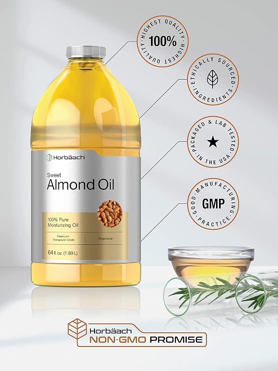 Horbaach Sweet Almond Oil | 64 fl oz | For Skin and Hair | Cold Pressed | Pure Moisturizing Liquid | Vegetarian, Non-GMO & Gluten Free