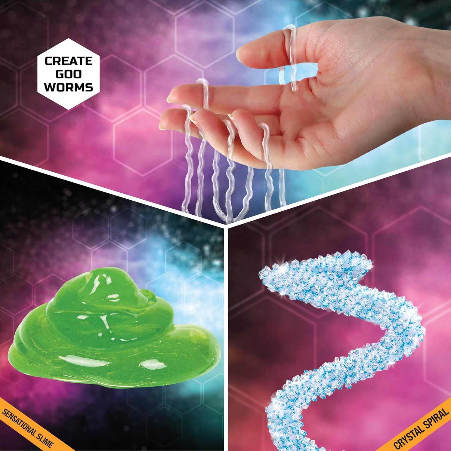 A hand creating goo worms, a pile of green slime, and a crystal spiral, showcasing various experiments.