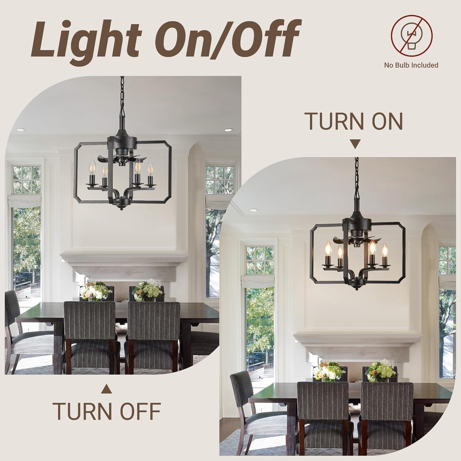 Chandelier Ceiling Fan, 20" Farmhouse Fandelier Ceiling Fans with Lights, Rustic Hanging Geometric Pendant Light Fixture for Bedroom, Dining Room, Kitchen Island, Foyer, Hallway-Black