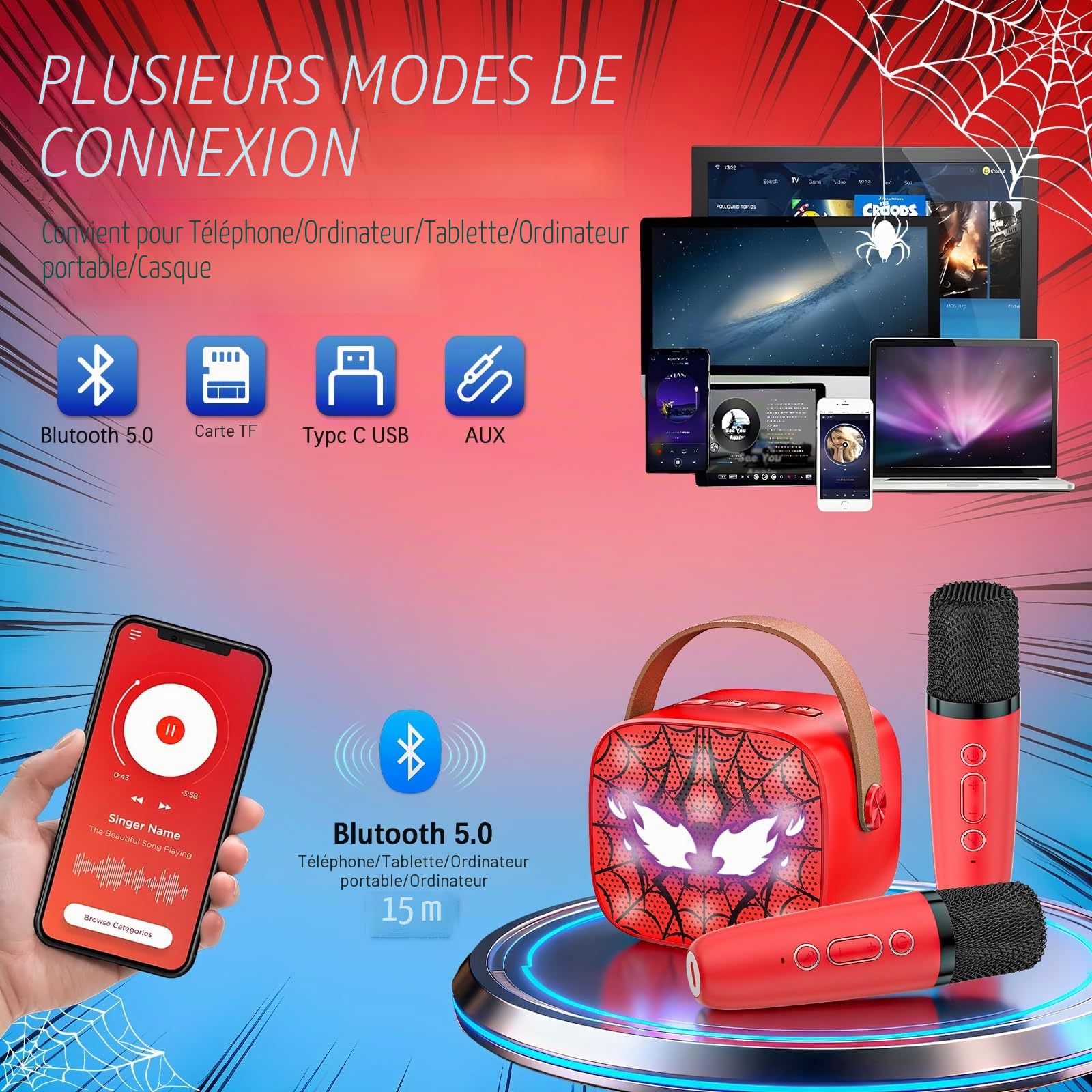 Spider Micro Karaoke Enfant, Jouet Cadeau Garcon Fille 3 4 5 6 7 8 9 10 11 12 Ans, Micro Karaoké Enfant pour Chanter avec 2 Microphone sans Fil Bluetooth, Cadeau Anniversaire Noël Garcon(Rouge)