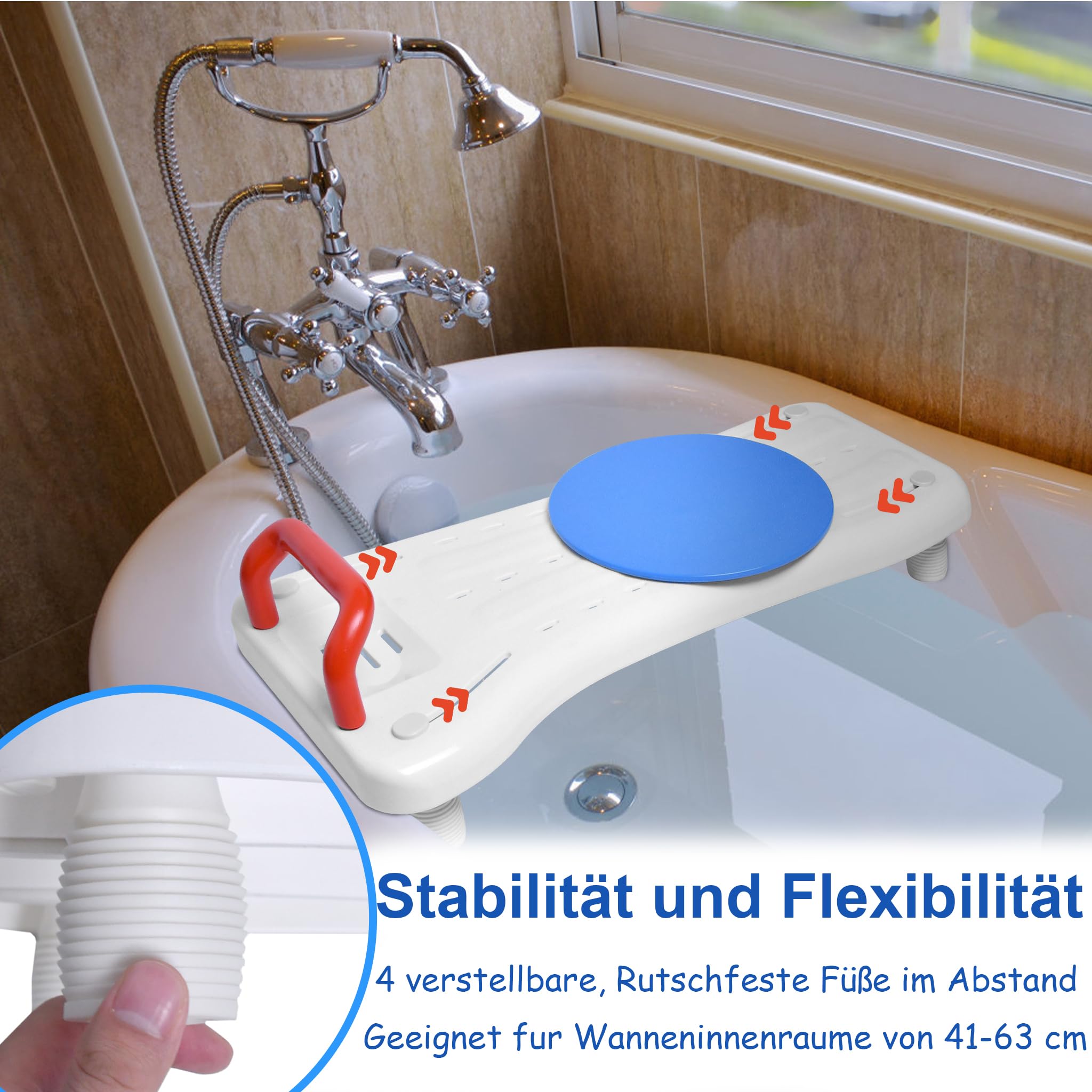 75,5x34cm Badewannenbrett mit Drehscheibe Badewannensitz für Senioren Einstellbar 41-63cm Wannensitz Sitzbrett Wannenbrett für Badewanne Duschbrett Stuhl für Badezimmer -Rot Griff
